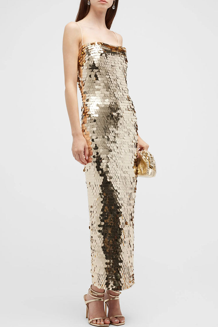 Sparkly Square Neck Spaghetti Strap Bodycon Sequin Cocktail Midi Dress - Gold