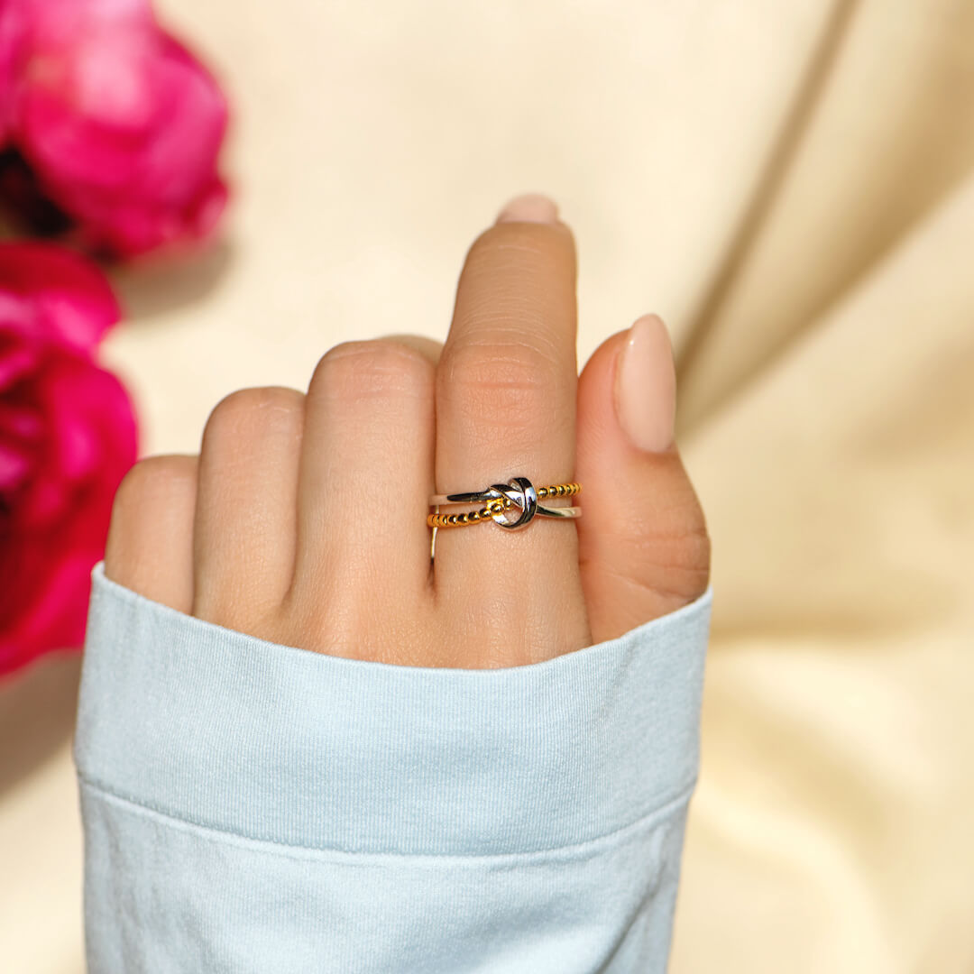 Tied By Angle's Hands - Double Band Heart Knot Ring