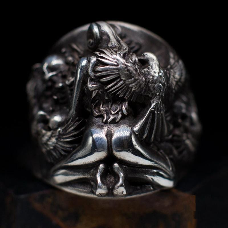 CUSTOMIZED-NAKED LADY & CROWS SKULL SILVER RING