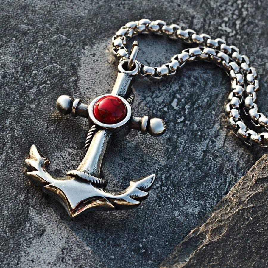 CLASSIC GEMSTONE ANCHOR STAINLESS STEEL PENDANT