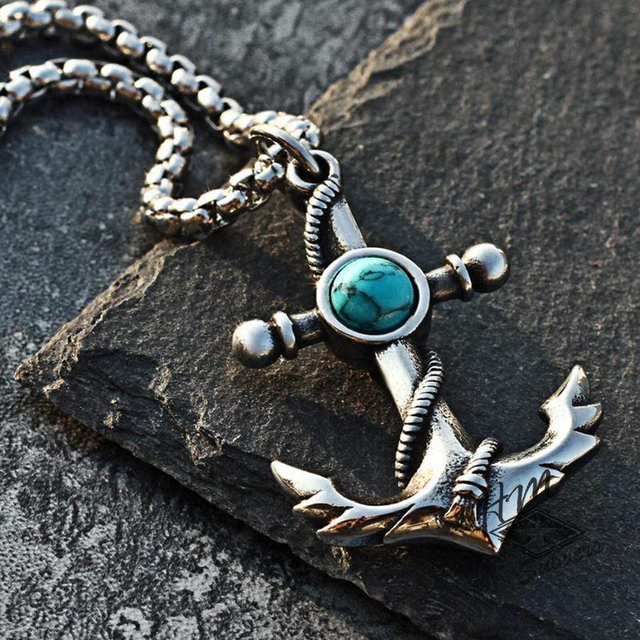 CLASSIC GEMSTONE ANCHOR STAINLESS STEEL PENDANT