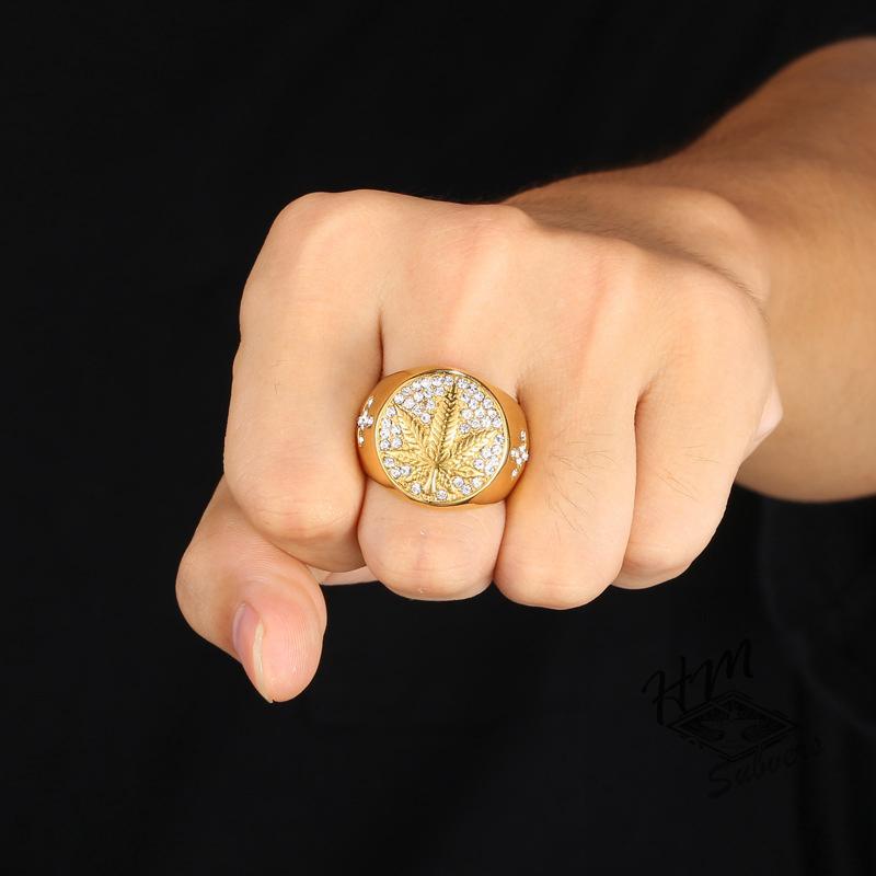 HIPHOP LEAVES WITH DIAMONDS STAINLESS STEEL RING