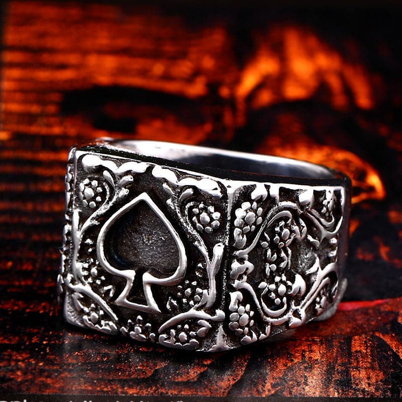 VINTAGE CARVED POKER STAINLESS STEEL RING