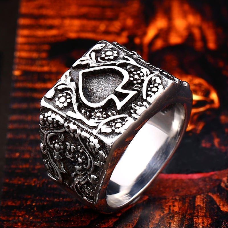 VINTAGE CARVED POKER STAINLESS STEEL RING